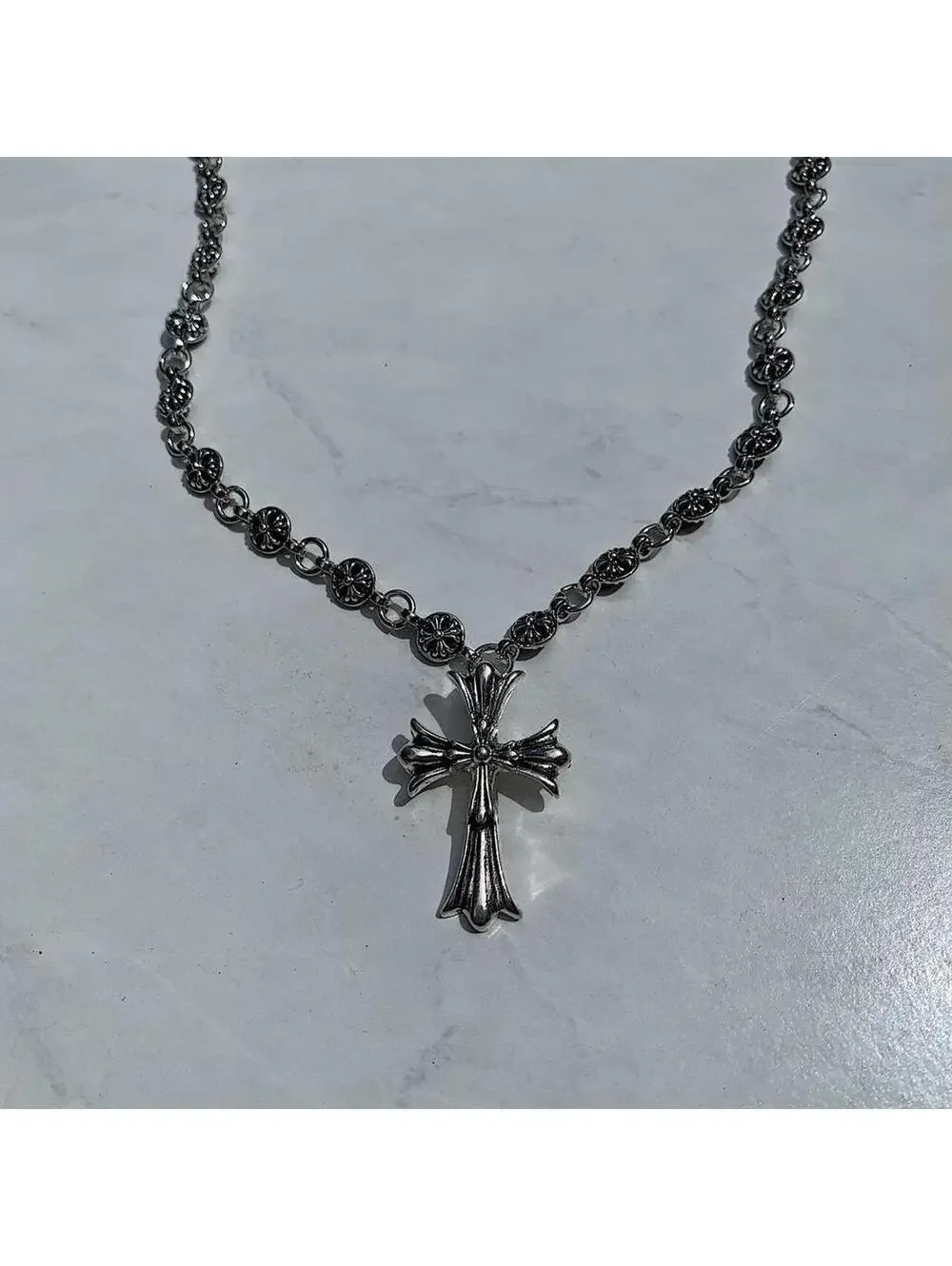 Grunge Cyber y2k silver gothic cross long necklace chain. 24 inches length.